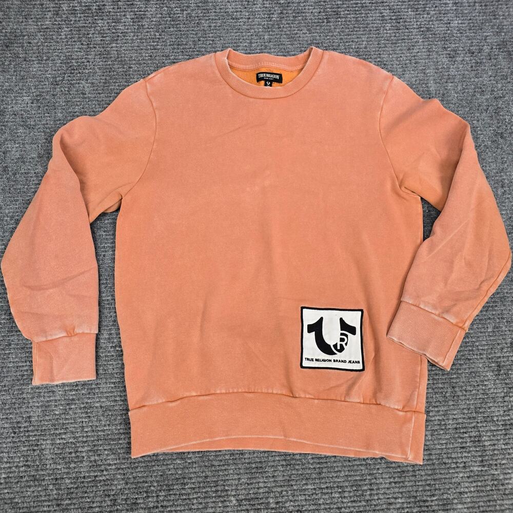 True Religion Mens Sweatshirt S Faded Coral Orange Logo Patch Crewneck Pullover